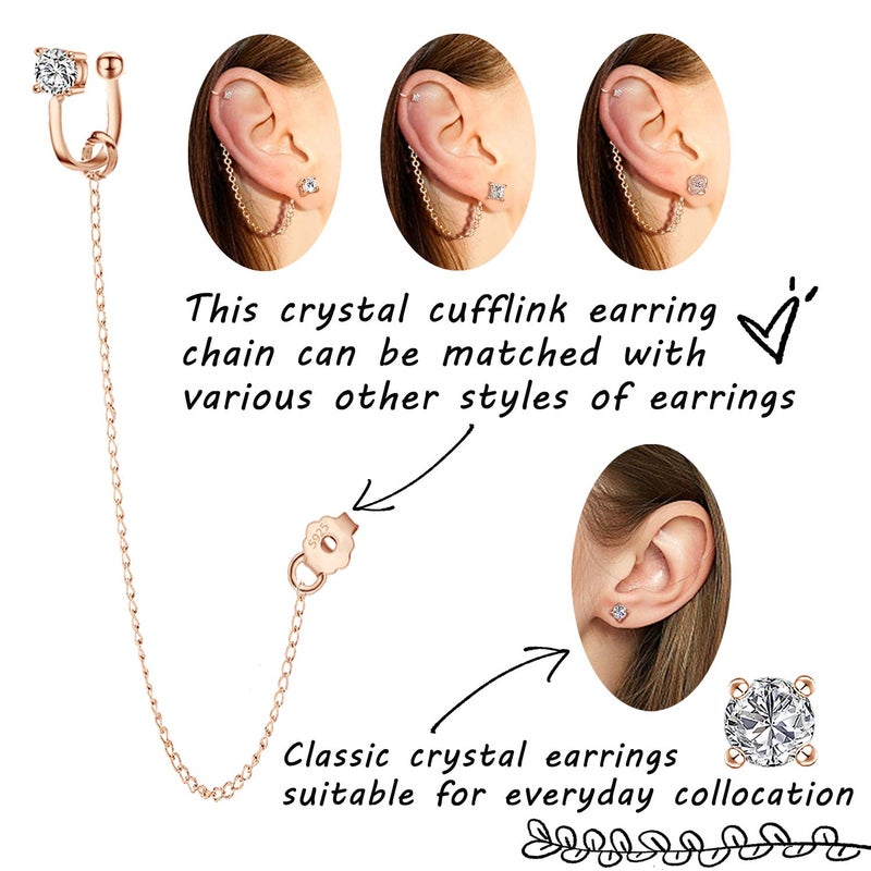 ELEDUCTMON Rose Gold Crystal Ear Cuff Earrings Chain - Sterling Silver Hypoallergenic Cubic Zirconia Ear Cuff Rhinestones Drop Dangle Earrings 2 in 1 earrings Piercing Jewelry Gift for Women - Image 2